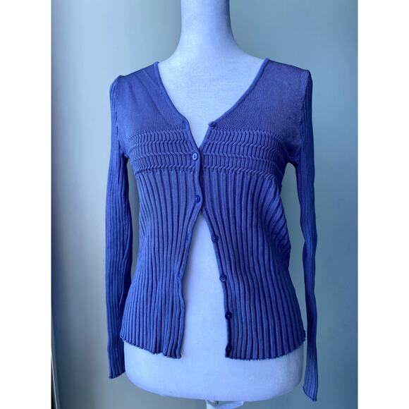 Blue Vintage Belldini Long Sleeve Button Down Stretch Cable Knit Cardigan - Picture 5 of 6